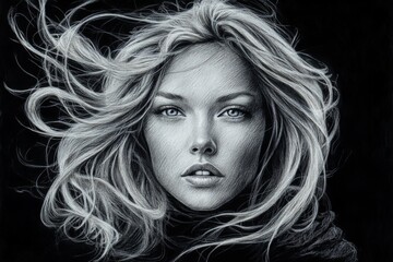 Poster - Portrait of a woman with flowing hair against a dark background showcasing intricate details and expressions