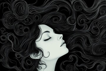 Poster - Elegant woman with flowing hair and intricate swirl patterns against a dark background in a mesmerizing artistic portrayal