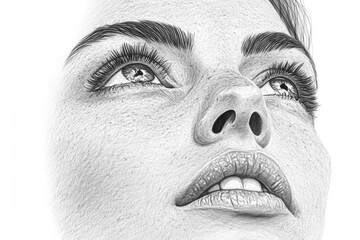 Poster - Detailed pencil drawing of a young woman's face showcasing intricate features and expressive eyes