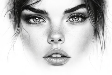 Poster - Realistic sketch of a young woman with striking eyes and natural beauty showcasing intricate details and texture at artistic creation