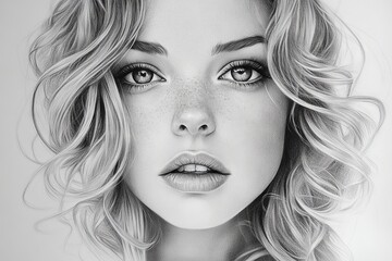 Poster - Detailed pencil drawing of a young woman with curly hair and striking features