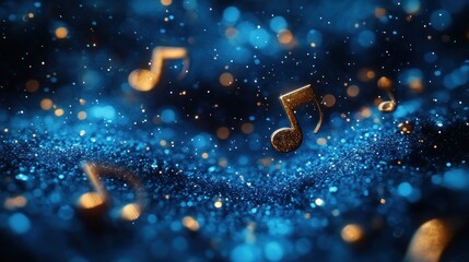 Musical notes floating in glitter, dark blue background