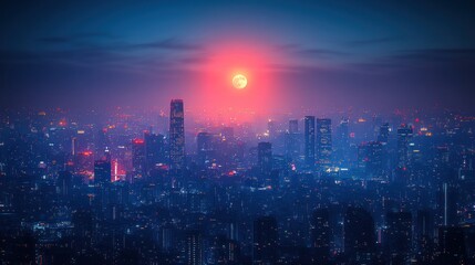 Canvas Print - Night city skyline, red moon, aerial view