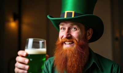 Man with a red beard in green hat holding glass of green beer. He is smiling and he is enjoying himself