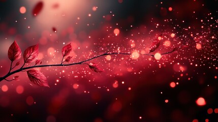 Canvas Print - Red autumn branch, bokeh, falling petals, magical evening