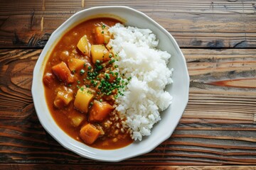 Poster - A dish of japanese curry rice on a clean table food meal bowl.