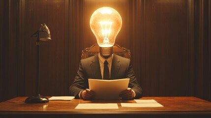 Wall Mural - illuminating business strategies - businessman with light bulb head reviewing documents in private o
