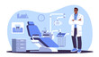 © Rudzhan - Dentist in white coat standing with folded arms in a modern dental clinic. Blue dental chair, medical equipment, and tooth X-ray on background. Healthcare concept. Vector illustration