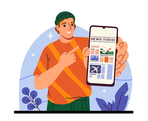 Smiling man in casual outfit points at smartphone displaying online news. Modern flat-style design with a nature-inspired background. Concept of digital media. Vector illustration