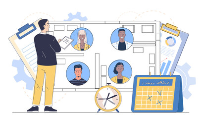 Wall Mural - HR manager analyzing candidate profiles on a digital interface with resumes and avatars. Business charts, clock, and calendar in the background. Concept of recruitment. Vector illustration