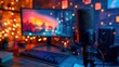 © ALIF JATI KUSUMA - Gaming microphone on desk, lit by colorful lights, with computer monitor displaying a game