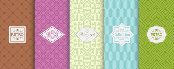 Aufkleber - Vector geometric seamless patterns for print, decor, voucher, package, banner. Trendy set of abstract colorful backgrounds with minimal labels, frames. Abstract modern retro line ornament textures