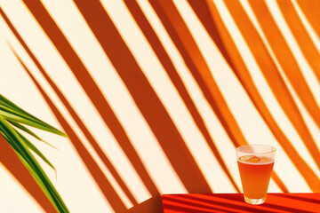 Refreshing cocktail served on a vibrant red table in a tropical setting