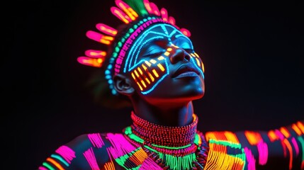 Canvas Print - A vibrant, glowing figure adorned with colorful body paint and accessories, exuding cultural expression against a dark background.