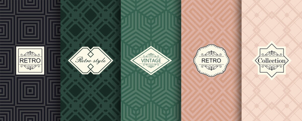 Aufkleber - Vector geometric seamless patterns for print, decor, voucher, package, banner. Trendy set of abstract colorful backgrounds with minimal labels, frames. Abstract modern retro line ornament textures