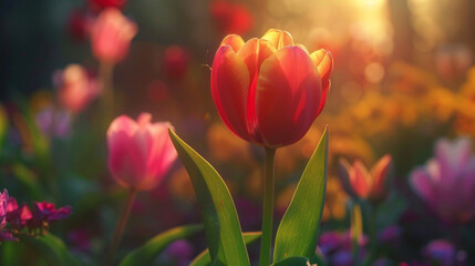 Wall Mural - A vibrant tulip bathed in morning light, its red and yellow petals vivid against a blurred backdrop of a spring garden.