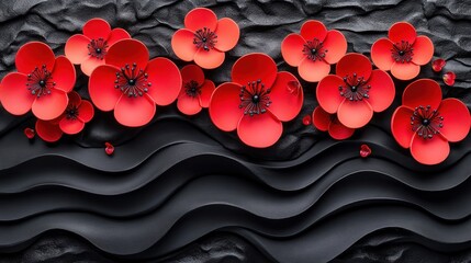 Canvas Print - Red paper flowers on dark textured background