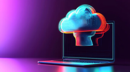 Best cloud platform provider. Digital cloud computing concept with glowing laptop illustration