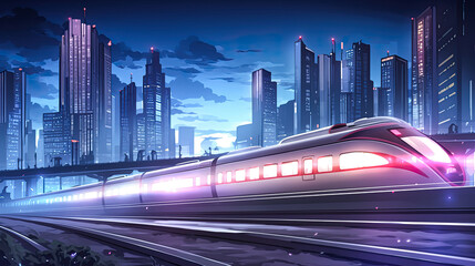 Wall Mural - Futuristic bullet train traveling through a cityscape at night with glowing neon lights and modern architecture illuminated in the background