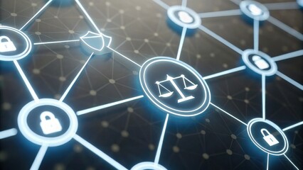 Aufkleber - Digital network symbolizing justice with scales and secure connections represented by locks and shields.