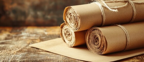 Wall Mural - Rolled brown paper scrolls tied with twine on a rustic wooden background.