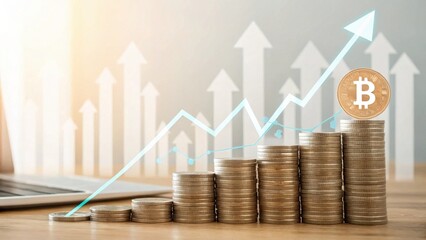 Poster - Financial growth depicted with stacked coins and a rising Bitcoin trend line against a modern backdrop.