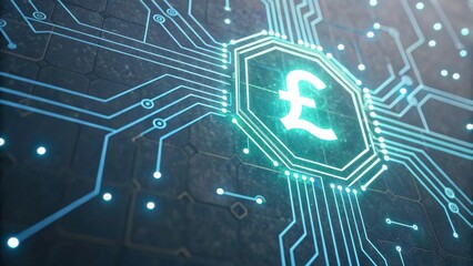 Aufkleber - Digital currency symbol with circuit patterns representing technology and finance.