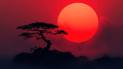 Canvas Print - Silhouette tree, red sun, misty sunrise