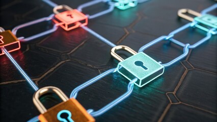 Aufkleber - Digital locks connected by glowing lines, symbolizing cybersecurity and blockchain technology.
