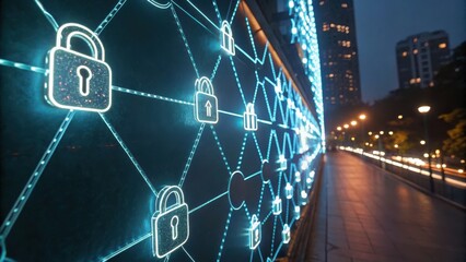 Aufkleber - Digital network with lock symbols illuminated at night, symbolizing cybersecurity and data protection.