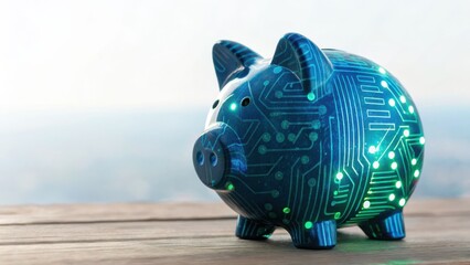 Poster - A futuristic piggy bank with a blue circuit design on a wooden surface.