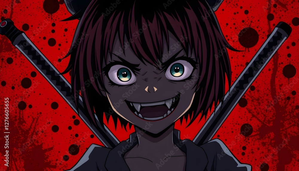 Distraught anime girl on a red background. A sly smile, katanas behind ...