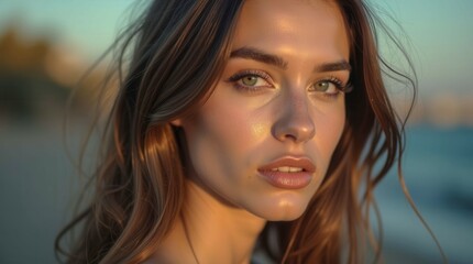 Sticker - A woman with long brown hair and green eyes is standing on a beach