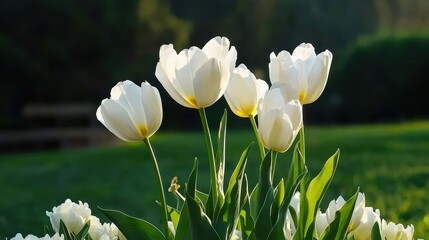 Wall Mural - Beautiful White Tulips Blooming in Sunny Outdoor Garden Scene