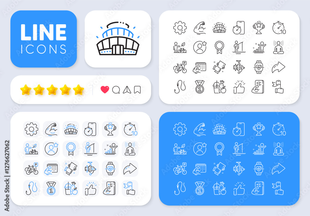 Eco bike, Fishing reel and Timer line icons for web app. Message, Share ...