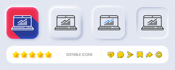 Wall Mural - Data Analysis and Statistics line icon. Neumorphic, Flat shadow, 3d buttons. Report graph or Chart sign. Computer data processing symbol. Line online statistics icon. Social media icons. Vector