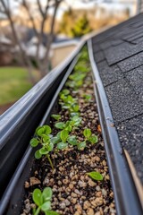 Clogged gutter with weed dirt leaves