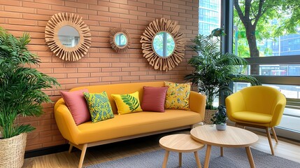 Wall Mural - home-based business operation Bright modern lounge with yellow sofa and decorative mirrors on a brick wall.