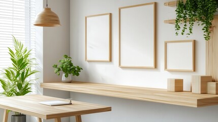 Wall Mural - home-based business operation Minimalist workspace with wooden decor and empty frames on the wall.