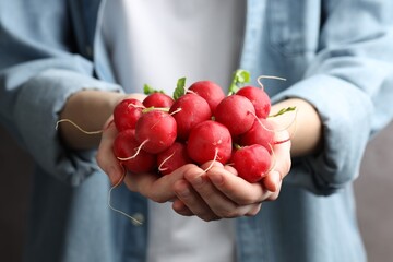 Wall Mural - Woman with pile of fresh radishes on blurred grey background, closeup