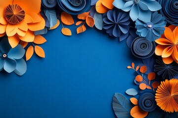 Wall Mural - Intricate paper flowers and leaves in vibrant orange and blue hues create a stunning border on a deep blue backdrop, providing ample copy space