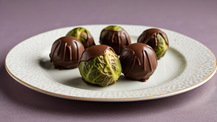 Wall Mural - Indulge in unique culinary creation featuring chocolate covered Brussels sprouts, beautifully arranged on decorative plate. This intriguing dish combines earthy flavor of Brussels sprouts with rich