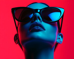 Close-up of a woman wearing oversized sunglasses with red and blue lighting, showcasing modern fashion, bold style, and dramatic lighting in a chic, artistic expression