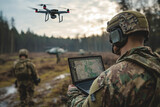 Soldier controlling drone flight with laptop showing map during military operation in forest