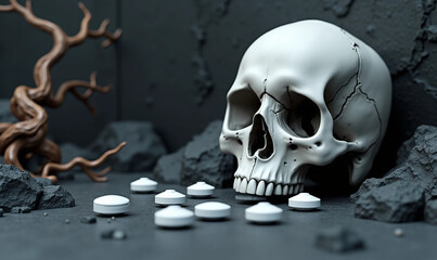 A creative representation of fentanyl, featuring a skull, pills, and dark elements, symbolizing the dangerous effects of the drug.