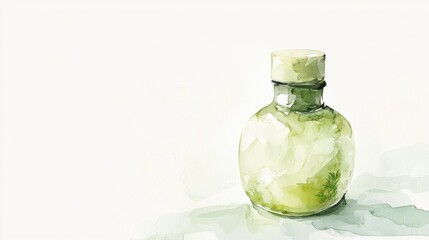 Wall Mural - Watercolor painting of a small, round, light green glass bottle with a light brown wooden top, sitting on a white background. Soft, muted colors and a peaceful atmosphere.