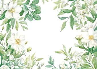 Poster - White and green wedding flowers on invisible rectangle frame illustration watercolor blossoms.