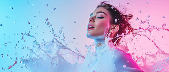 Aufkleber - Dynamic female model in vibrant milk splash with colorful lighting