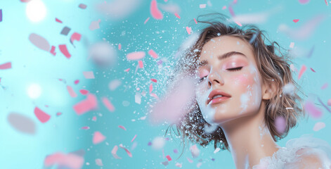 Aufkleber - woman with short hair and pink makeup is surrounded by colorful confetti against blue background