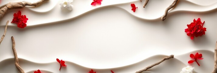 Wall Mural - a light, gentle abstract background featuring flowing textures, red and white flowers, and delicate 